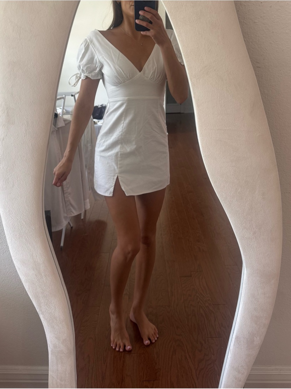 White V-Neck Puff Sleeve Mini Dress with Front Slit - Alice Elle